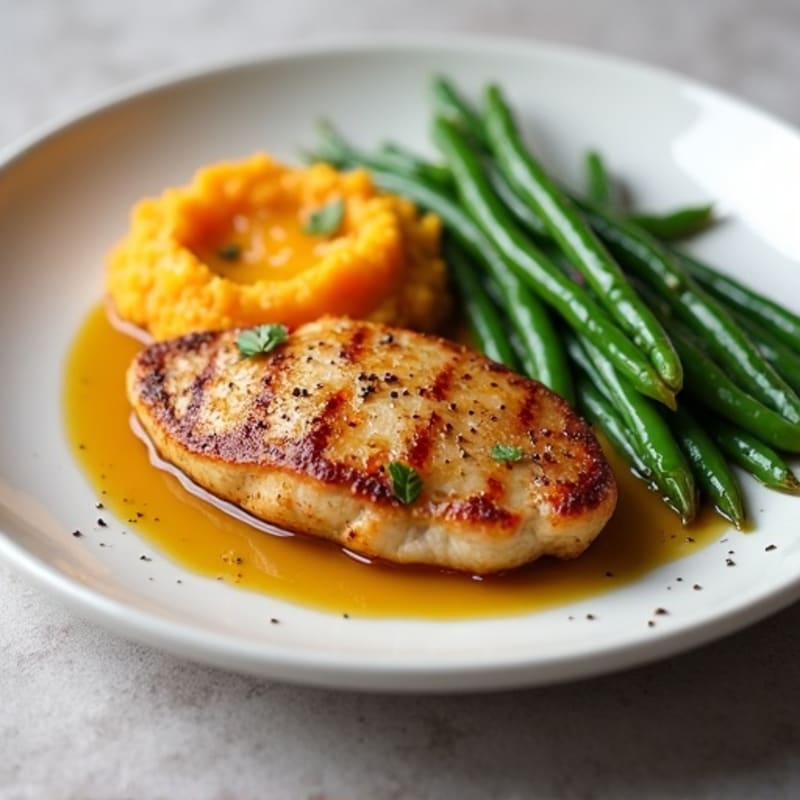 Seared Chicken Breast with Garlic Green Beans and Sweet Potato Mash