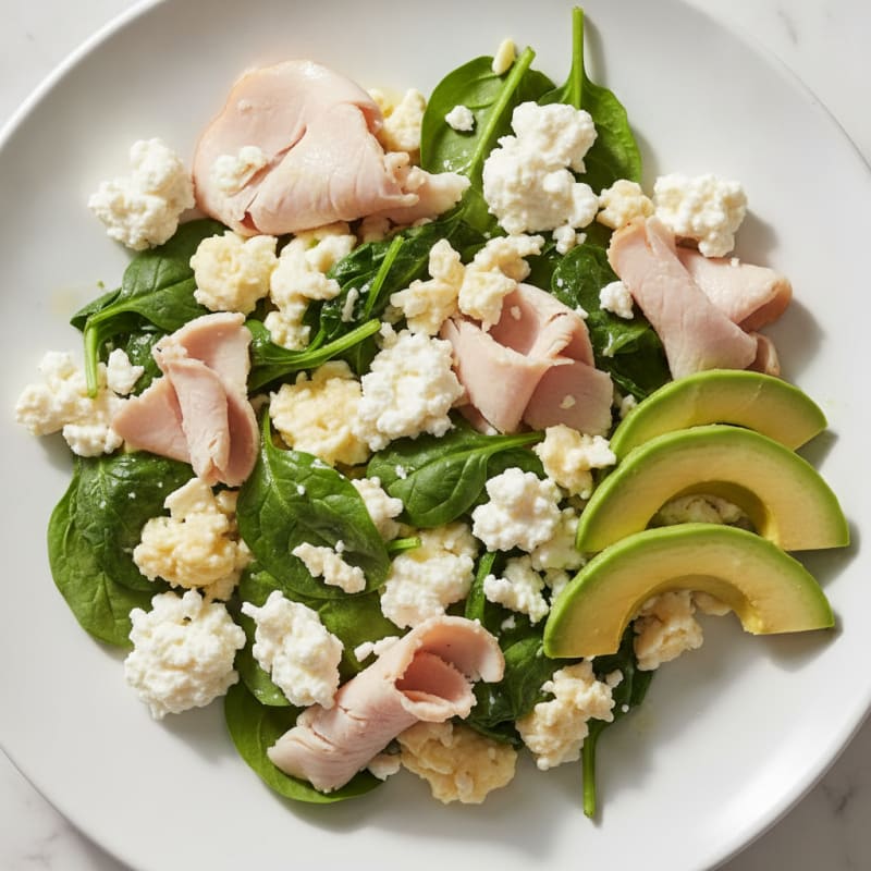 Egg White Spinach Scramble with Cottage Cheese and Sliced Turkey