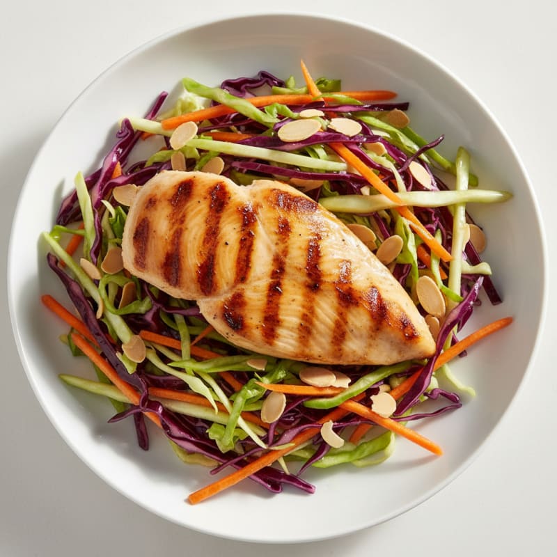 Grilled Chicken Breast over Crunchy Cabbage Slaw