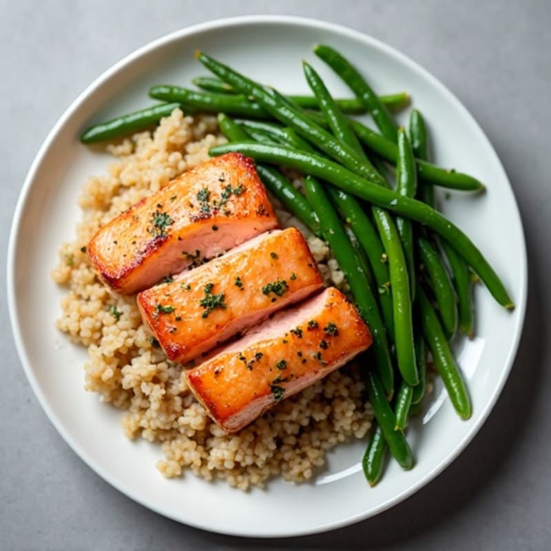 Seared Salmon Fillet with Garlic Green Beans and Steamed Brown Rice