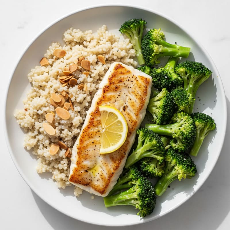 Seared White Fish with Steamed Vegetables and Nutty Quinoa