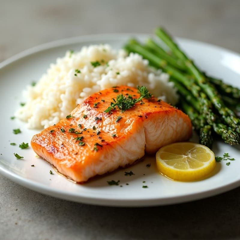 Lemon-Garlic Pan-Seared Salmon with Fluffy White Rice and Roasted Asparagus