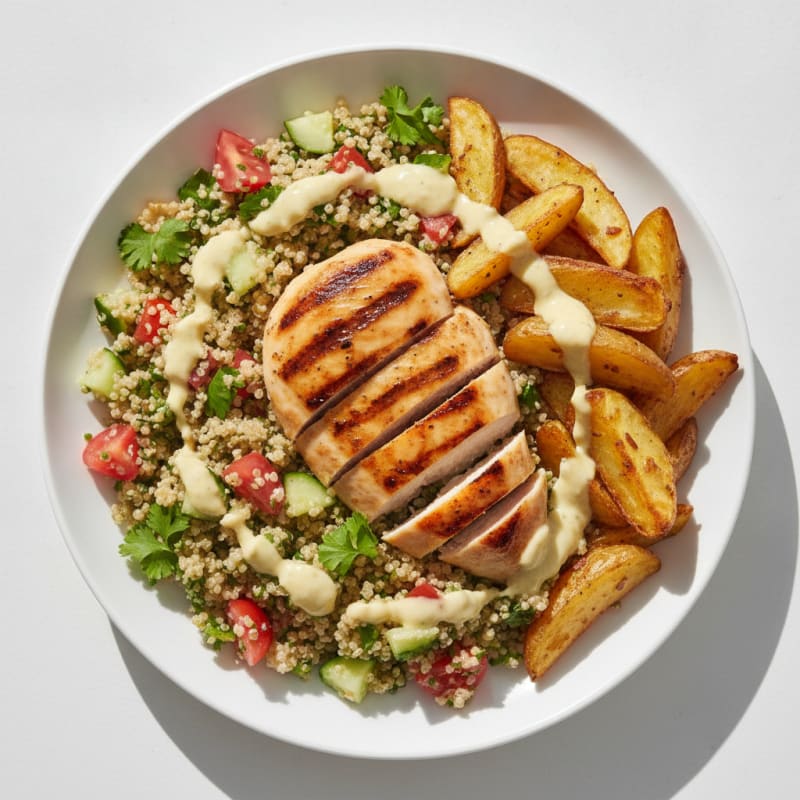Grilled Chicken Breast with Quinoa Tabbouleh and Lemon Yogurt Sauce