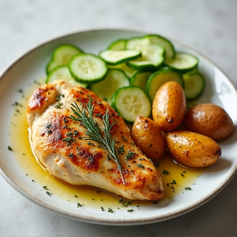 Herb-Roasted Chicken with Crispy Potatoes and Fresh Cucumber Salad