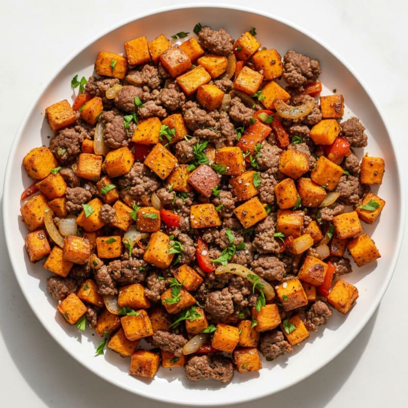 Crispy Ground Beef and Sweet Potato Hash