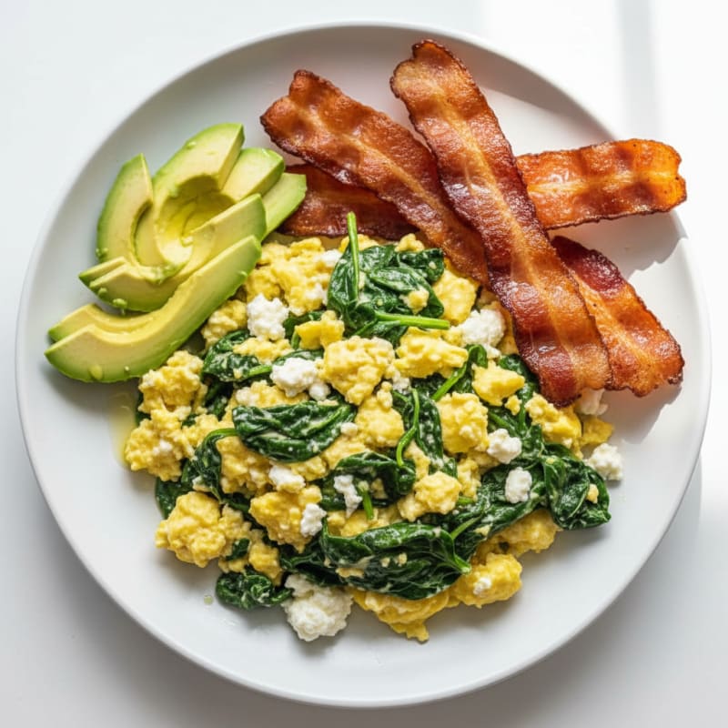 Cottage Cheese Egg Scramble with Spinach and Turkey Bacon