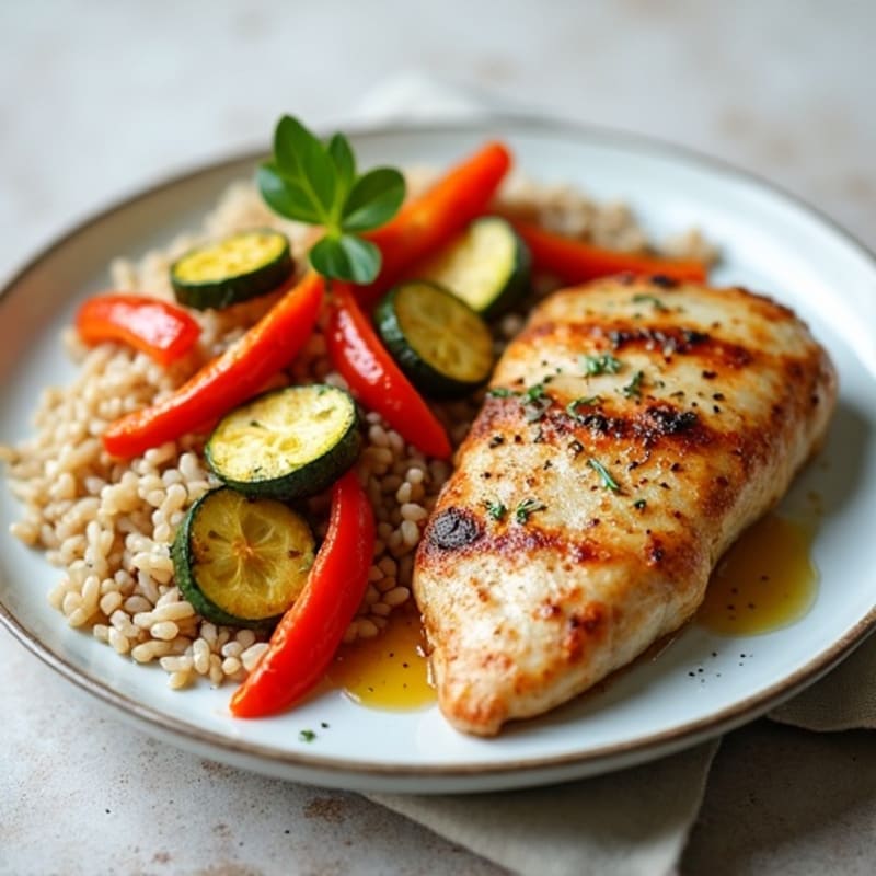 Seared Chicken Breast with Roasted Vegetables and Brown Rice