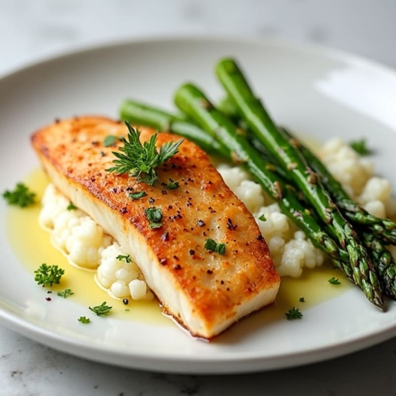 Seared Tilapia with Roasted Asparagus and Cauliflower Mash