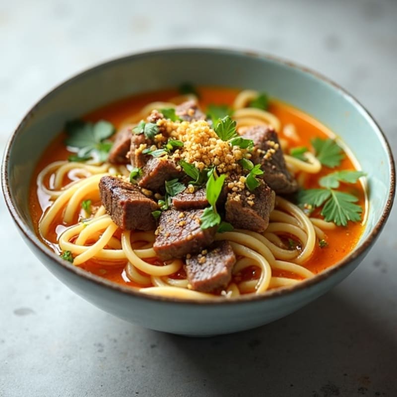 Lean Beef Brothy Noodle Soup with Fresh Herbs and Crispy Shallots