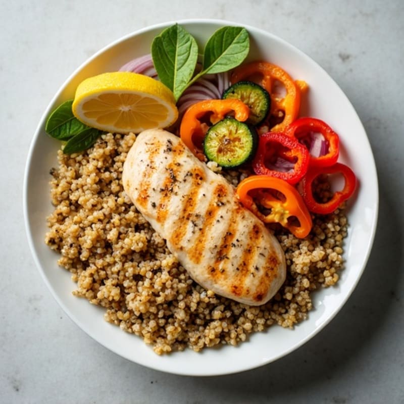 Lemon Herb Roasted Chicken and Roasted Vegetable Quinoa Bowl