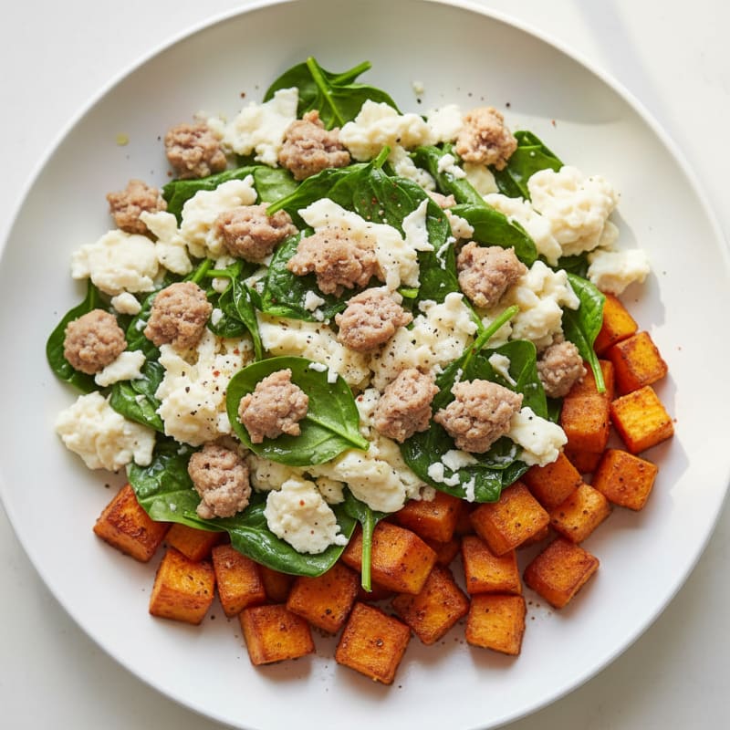 Egg White and Turkey Sausage Scramble with Spinach and Sweet Potato