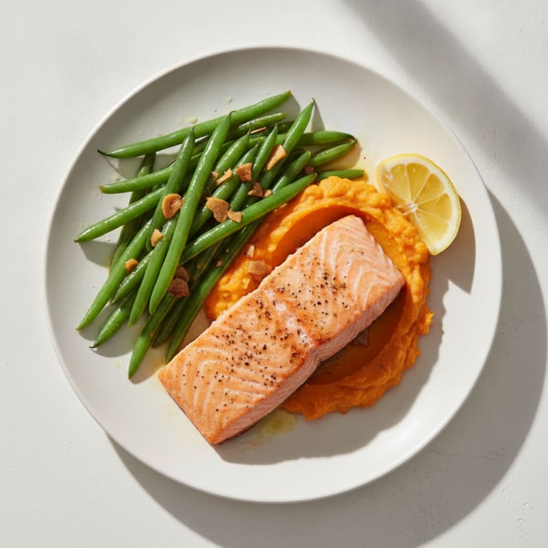 Baked Salmon with Garlicky Green Beans and Sweet Potato Mash