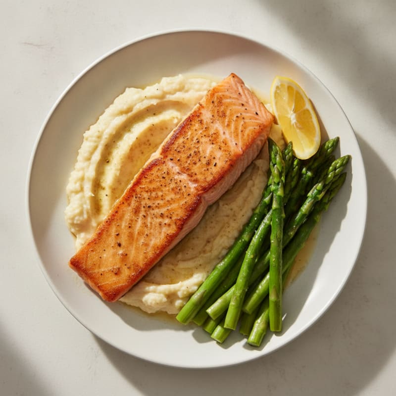 Seared Salmon with Steamed Asparagus and Cauliflower Mash