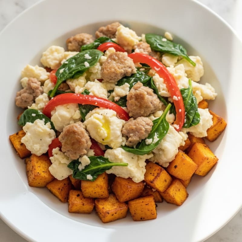 Egg White and Turkey Sausage Scramble with Roasted Sweet Potatoes