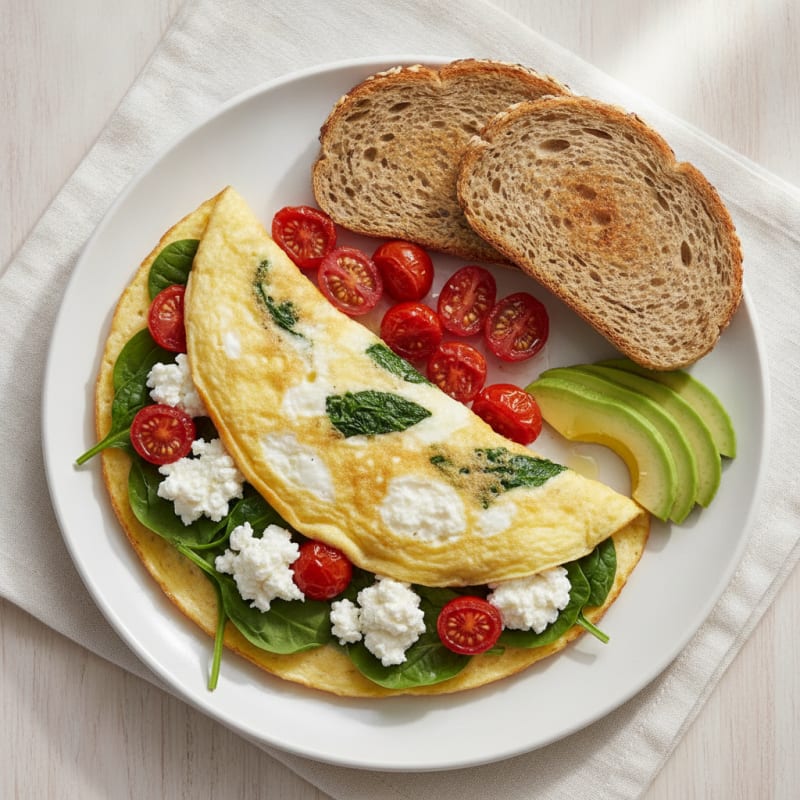 Egg White Spinach Omelette with Cottage Cheese and Cherry Tomatoes