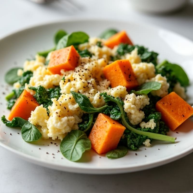 Egg White Spinach Scramble with Roasted Sweet Potato Cubes