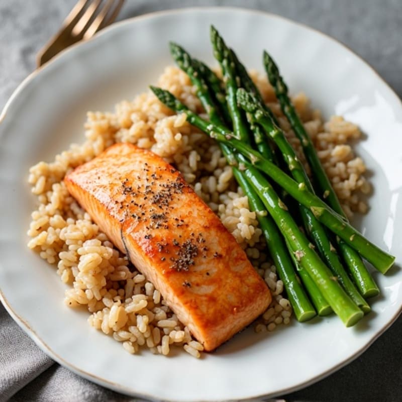 Seared Salmon with Steamed Asparagus and Brown Rice