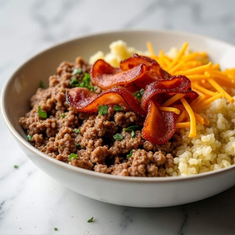 Hearty Lean Beef & Crispy Bacon Bowl with Cheesy Cauliflower Rice