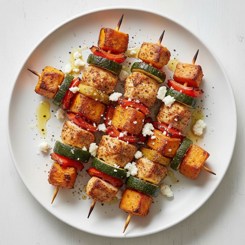 Chicken and Roasted Vegetable Skewers with Feta