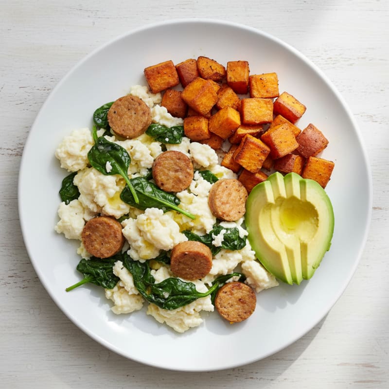 Egg White Scramble with Turkey Sausage and Spinach