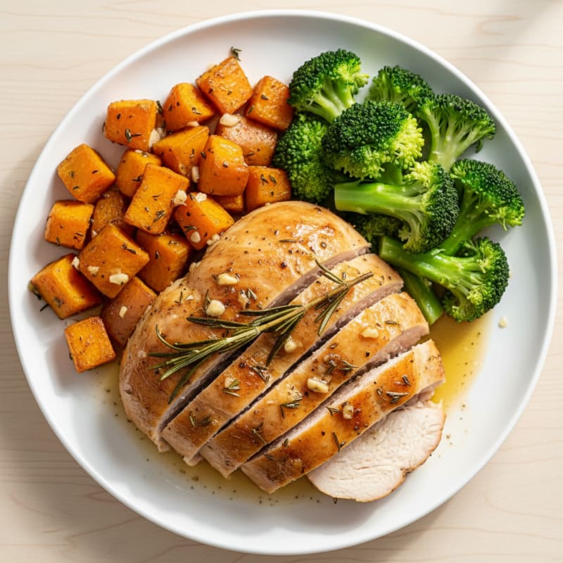 Herb-Roasted Turkey Breast with Garlic Roasted Sweet Potatoes and Steamed Broccoli