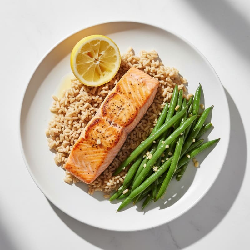 Seared Salmon Fillet with Brown Rice and Garlic Green Beans