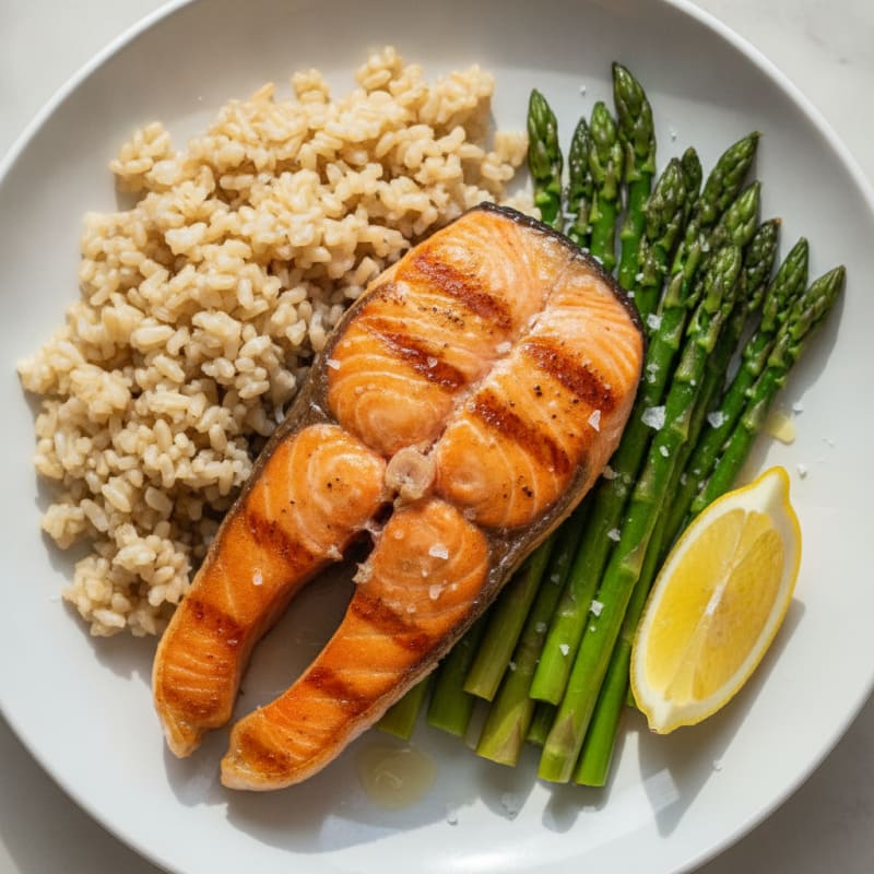 Seared Salmon with Steamed Asparagus and Brown Rice