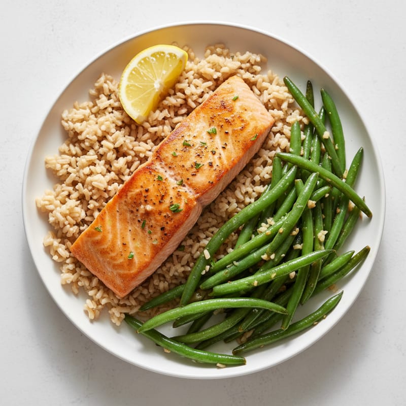 Seared Salmon with Garlic Green Beans and Brown Rice