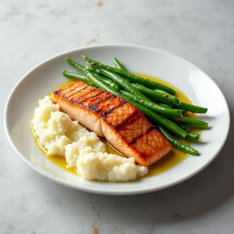 Seared Salmon with Steamed Green Beans and Cauliflower Mash