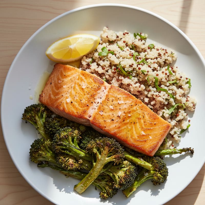 Seared Salmon with Roasted Broccoli and Quinoa