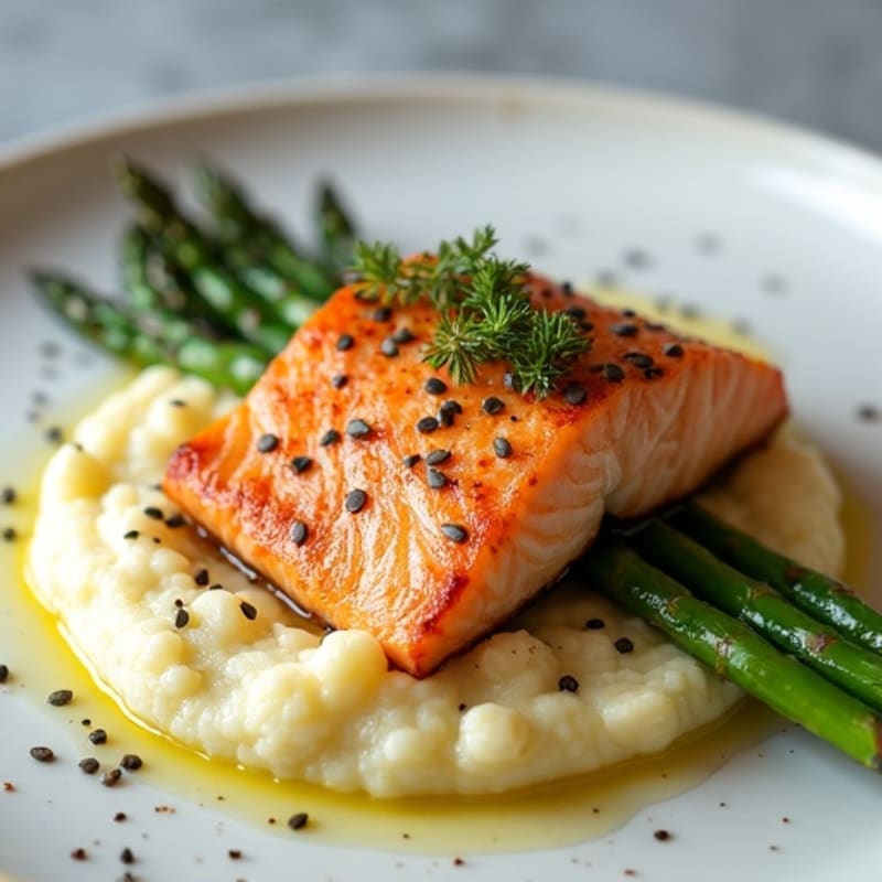 Seared Salmon with Steamed Asparagus and Cauliflower Mash
