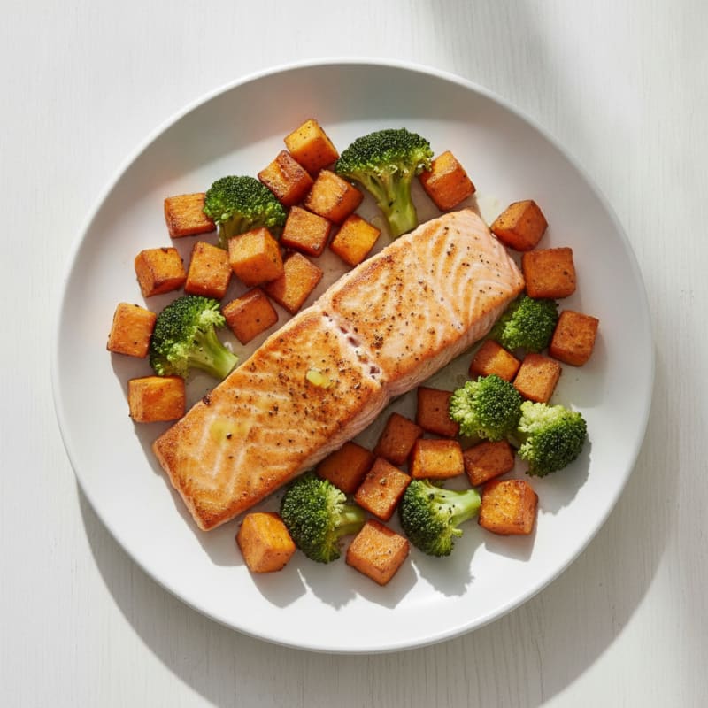 Seared Salmon with Roasted Sweet Potato and Steamed Broccoli