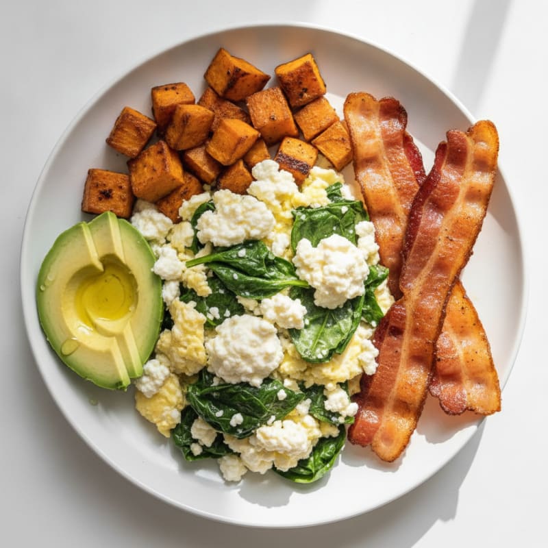 Cottage Cheese Egg White Scramble with Spinach and Turkey Bacon