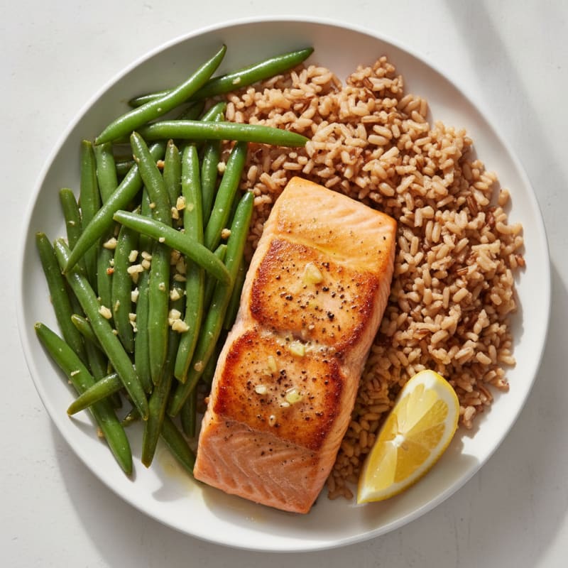 Seared Salmon with Garlic Green Beans and Brown Rice