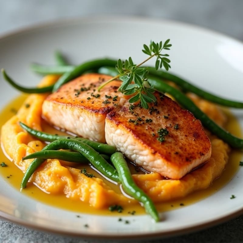 Seared Salmon with Garlic Green Beans and Sweet Potato Mash