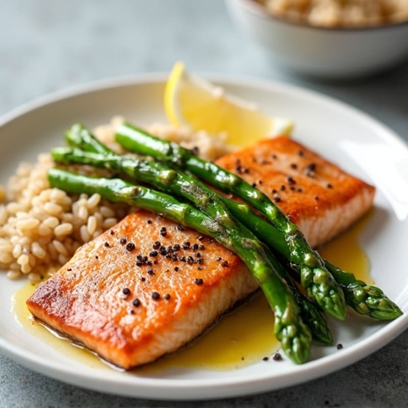 Seared Salmon with Steamed Asparagus and Brown Rice