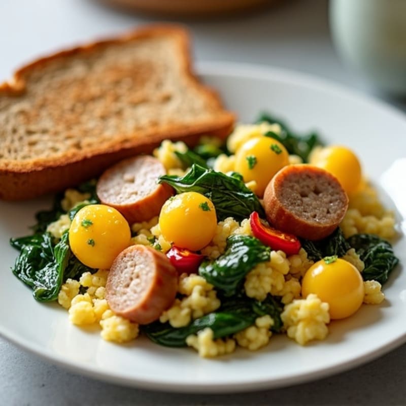 Egg White Scramble with Turkey Sausage and Sautéed Spinach