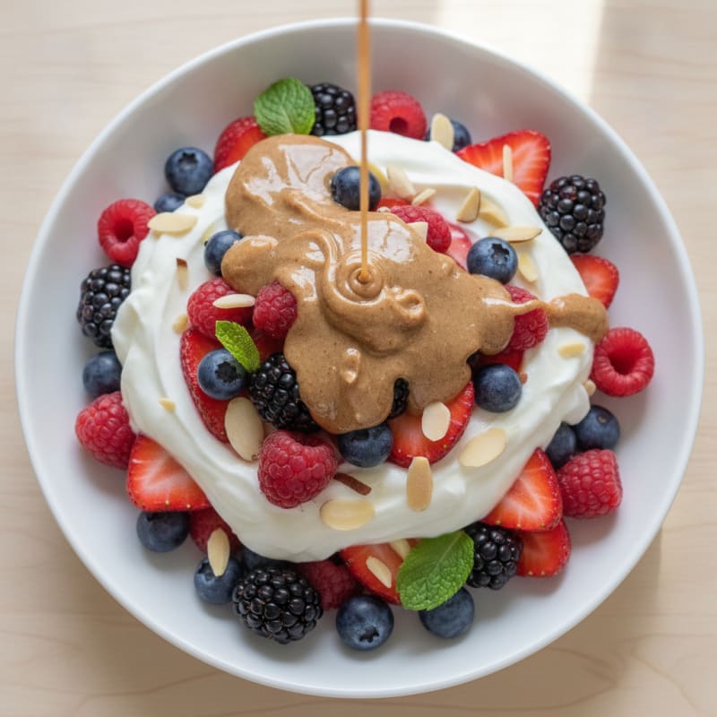 Greek Yogurt Protein Parfait with Mixed Berries and Almond Butter