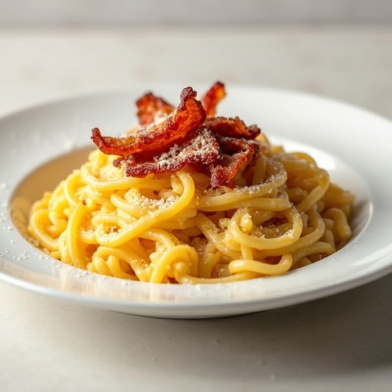 Whole Wheat Pasta with Creamy Egg Sauce and Crispy Turkey Bacon