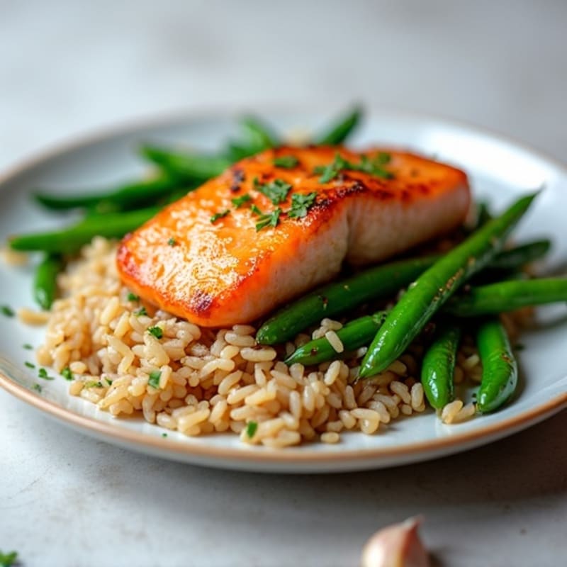 Seared Salmon with Garlic Green Beans and Brown Rice