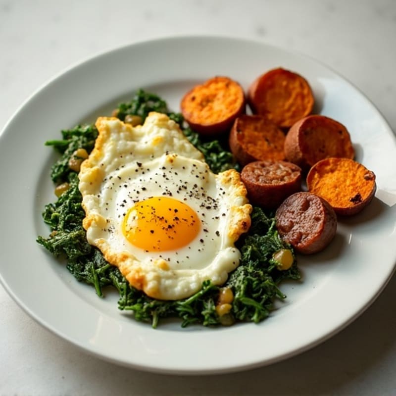 Egg White Spinach Scramble with Turkey Sausage and Roasted Sweet Potato