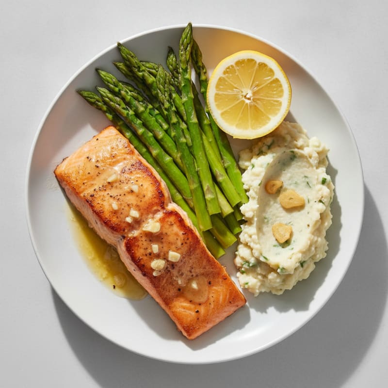 Seared Salmon with Steamed Asparagus and Cauliflower Mash