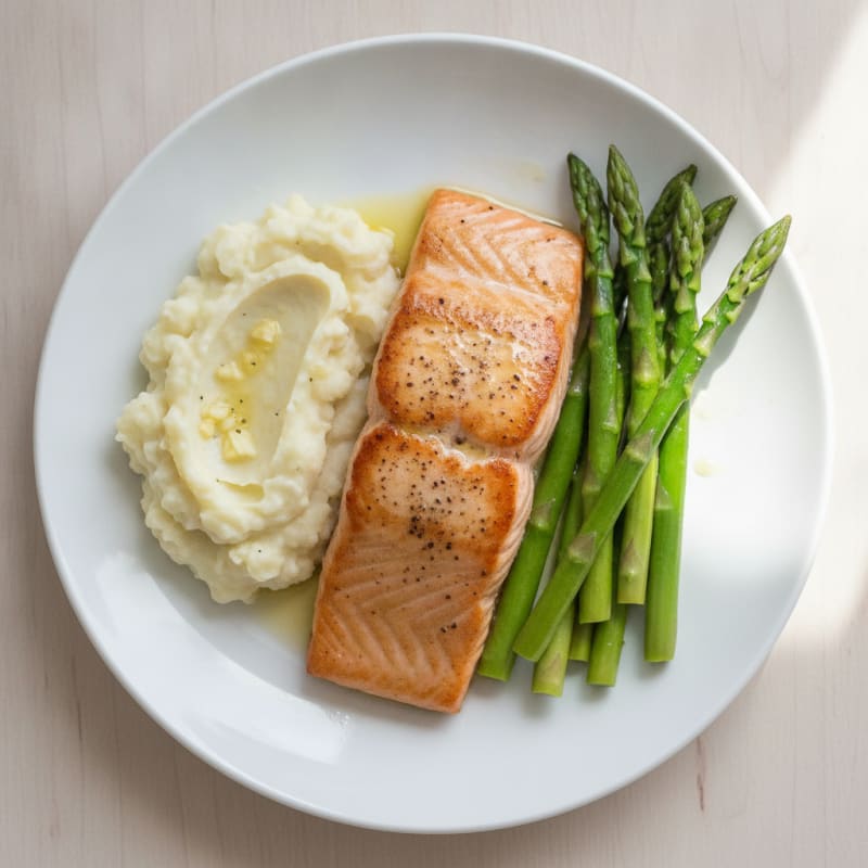 Seared Salmon with Steamed Asparagus and Garlic Mashed Cauliflower