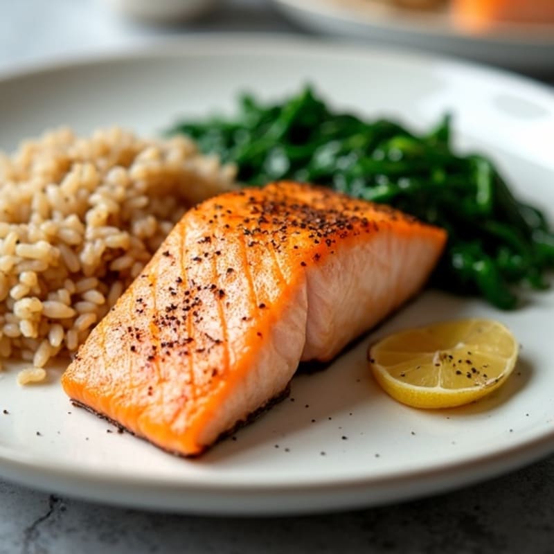 Seared Salmon with Brown Rice and Sautéed Spinach