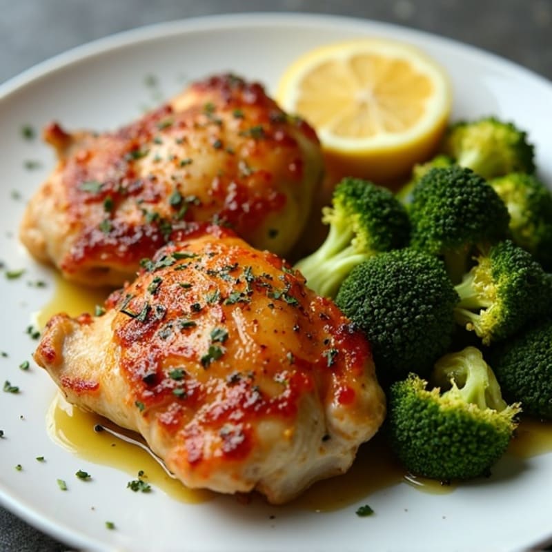 Crispy Lemon-Herb Roasted Chicken Thighs with Garlic Roasted Broccoli
