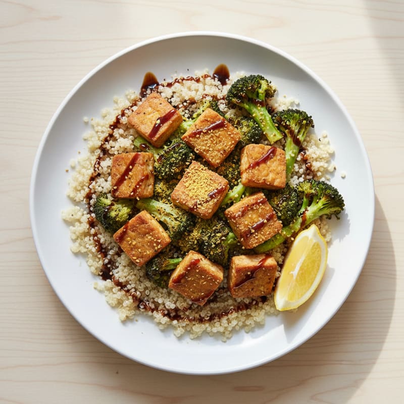 Crispy Tempeh Power Bowl with Quinoa and Roasted Broccoli