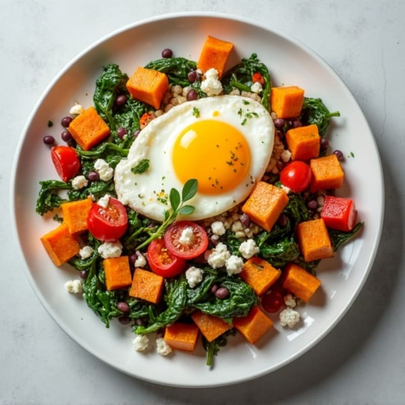 Hearty Egg and Vegetable Scramble with Roasted Sweet Potatoes