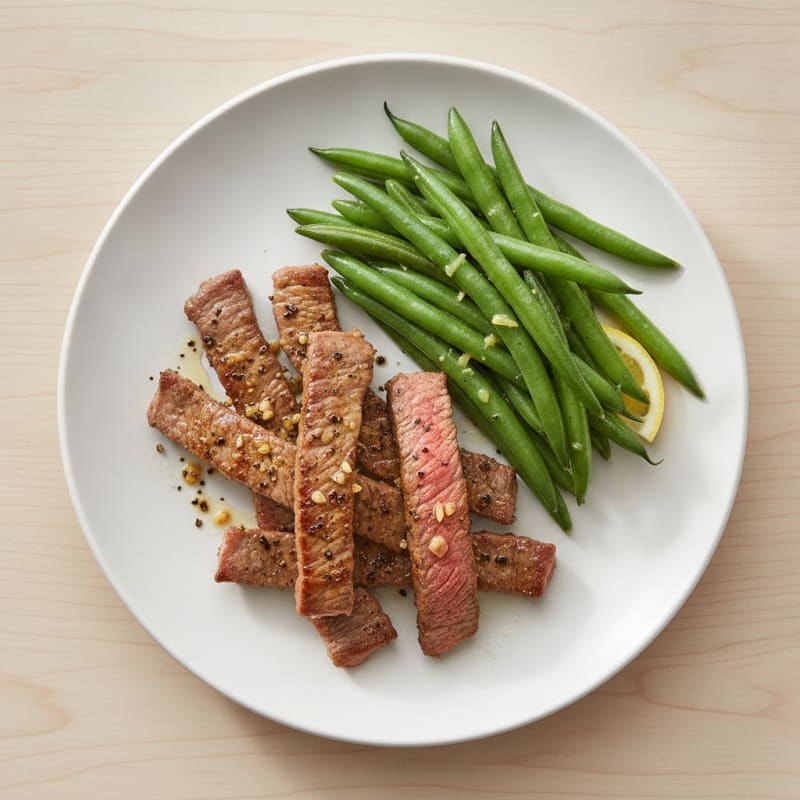 Seared Lean Beef Strips with Steamed Green Beans
