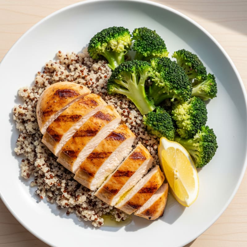Grilled Chicken Breast with Steamed Broccoli and Quinoa