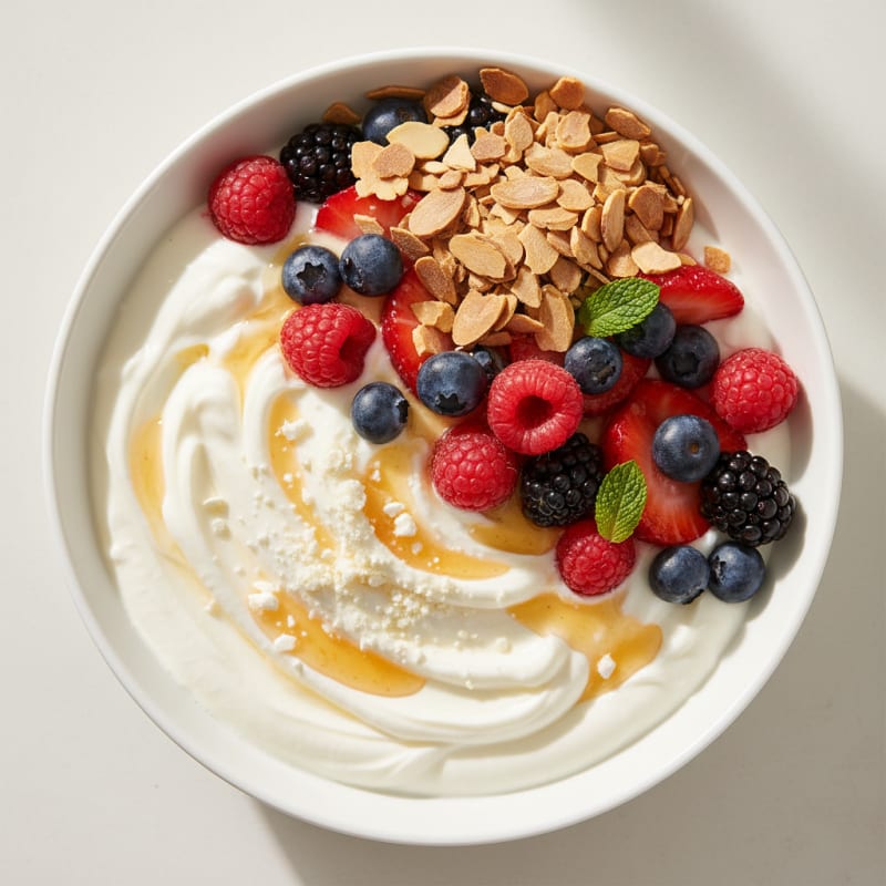 Greek Yogurt Protein Parfait with Mixed Berries and Almonds